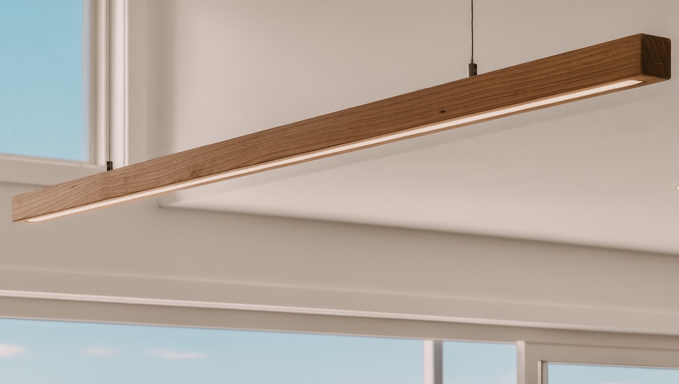 Timber pendant light against a white ceiling, Calga Crescent