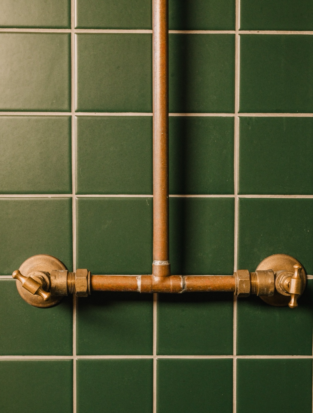 Green tiled shower with brass fittings, Broulee Workshop